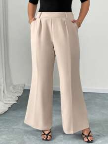 Elenzga 大码优雅简约纯色直筒阔腿修身松紧腰长款西装裤