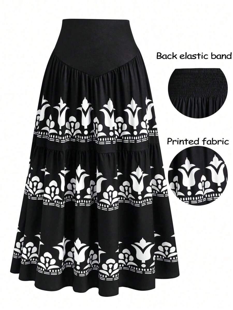 SHEIN LUNE 大码黑白音乐印花 A 字裙