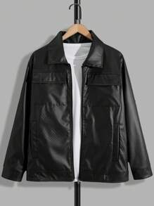 RueChic Men PU Fabric Double Pocket Zip Up Solid Regular Jacket - Black - View 1
