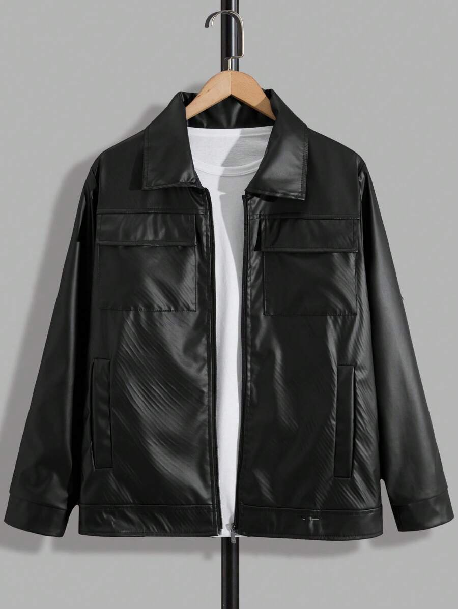 RueChic Men PU Fabric Double Pocket Zip Up Solid Regular Jacket - Black - View 1