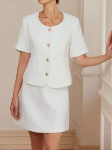 Aveloria Rosie Women's White Simple Elegant Elegant Commuting Versatile Fashion Short-Sleeved Thin Tweed Fabric Suit Jacket   Old Money Style For Summer - White - View 6