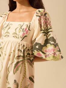 CAJUNI Vestido Curto Casual de Verão Praia Férias, Manga Lanterna, Estampa Tropical Azalea, Coqueiro, Monstera, Estilo Boho para Mulheres