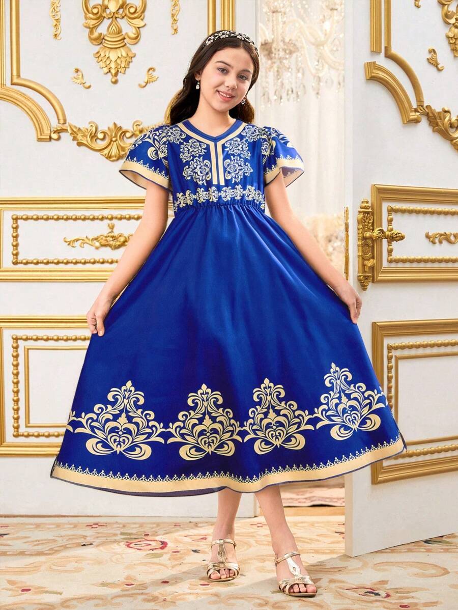 Tween Girl Traditional Arabic Clothing Sleeveless Holiday Dress, Gold Pattern Retro Print, Spring/Summer - Blue - View 1