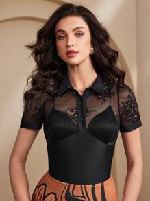 SHEIN Unity Women's Elegant Sexy Sheer Lace Splice Bodysuit - Black - View 3