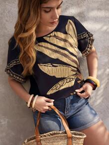 SHEIN LUNE Plus Size Floral Print Shirt With Cross Sleeves - Black - View 7