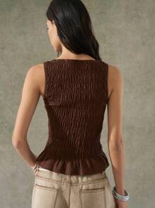 LYSMO Camiseta de mujer plisada elástica estilo bohemio, nueva llegada 2025 - Marrón - Ver 2