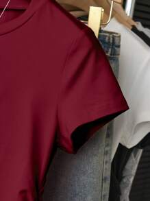 INAWLY Women's Heart Clover Print Round Neck Short Sleeve Pleated T-Shirt - Burgundy - View 3