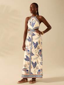 CAJUNI Vestido largo casual de verano con diseño tropical de plantas y flores, recorte en la cintura, espalda abierta y mariposas de colores, para vacaciones - Multicolor - Ver 3