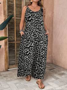 SHEIN VCAY Plus Size Spring/Summer Vacation Besties Gathering Outdoor Picnic Music Festival Outfit Spaghetti Strap Tie-Back Loose Vintage Leopard Print Jumpsuit