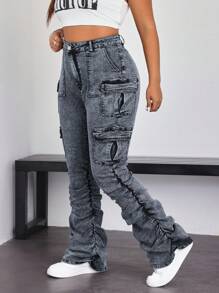 SHEIN EZwear Coolmax Plus Size Women Front Button Pocket Pleated Casual Jeans - Black - View 5