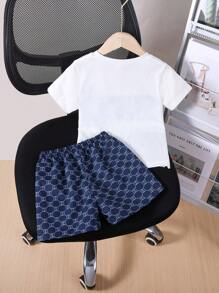 Set de 2 piezas para niños pequeños: Camiseta de cuello redondo y shorts estampados, perfecto para vacaciones, viajes, relajarse, tomar el sol en verano
