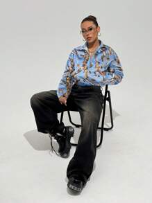 StreetHx 女式复古树叶印花半拉链开口落肩长袖运动衫，街头风格，适合秋冬套头衫 - 彩色 - 查看 3