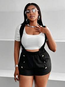 Maweii Plus Button Detail Suspender Shorts Without Tee