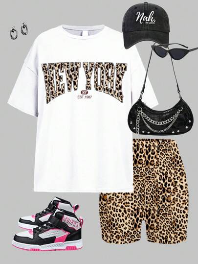 SHEIN Girlism Vintage Preppy Leopard Print Tween Girls 2st Set, Casual T-Shirt och Shorts Outfit, Lämplig för sommaren
