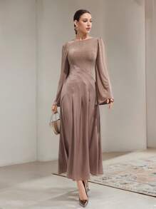 Modelyn Đầm dài tay loe cổ tròn màu trơn thanh lịch cho nữ - Màu Khaki - Xem 1