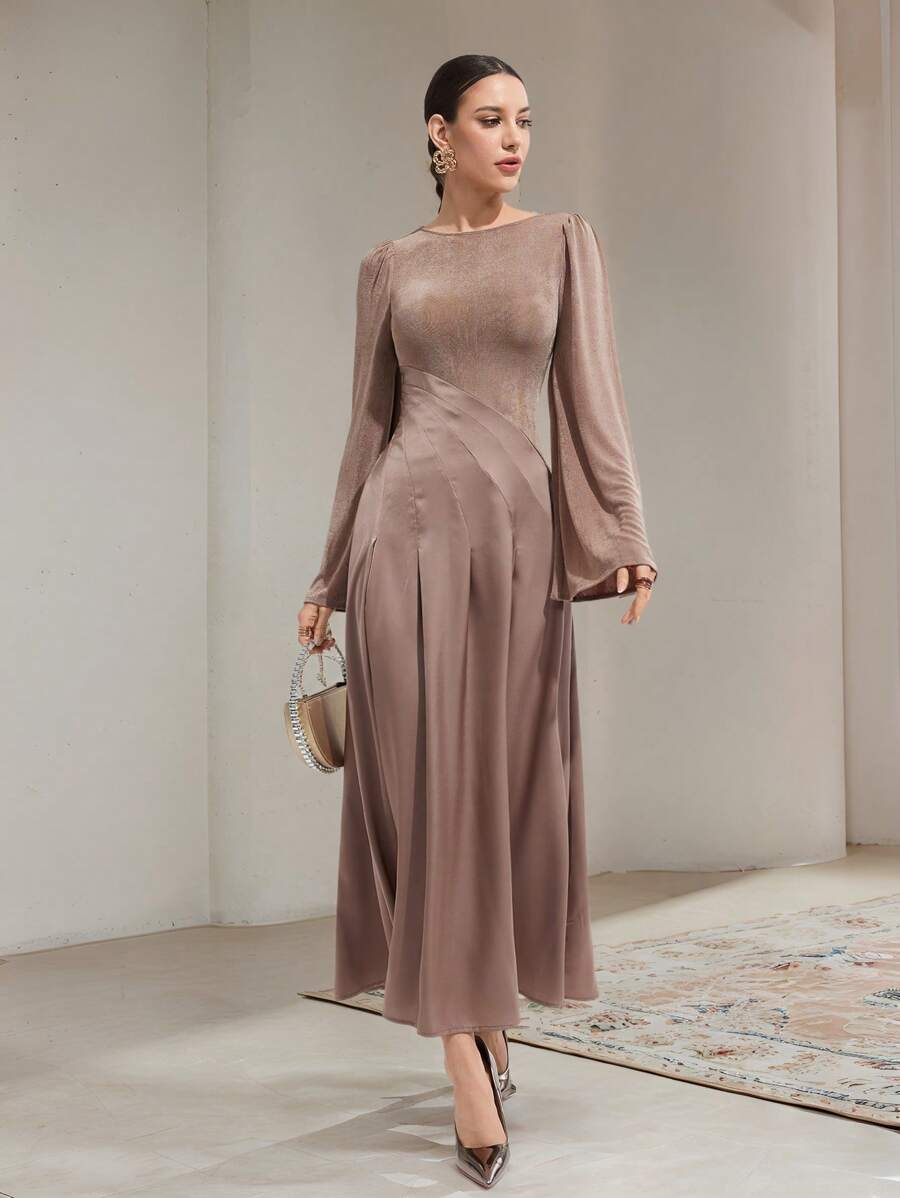 Modelyn Đầm dài tay loe cổ tròn màu trơn thanh lịch cho nữ - Màu Khaki - Xem 1