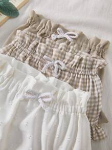 Vintaside Kids 3pcs Baby Girl Holiday Christmas Casual White Apricot Plaid Multi-Colored Three Pieces Shorts In Woven Fabric. Suitable For Summer, Waist And Trouser Leg Ruffled Decoration And Rope Design, Fashion Sweet And Playful Elements, Loose Version, Suitable For Daily Wear, Home Leisure, Shopping And So On