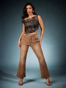 Denimoi Women's Washed Flared Pocket Jeans