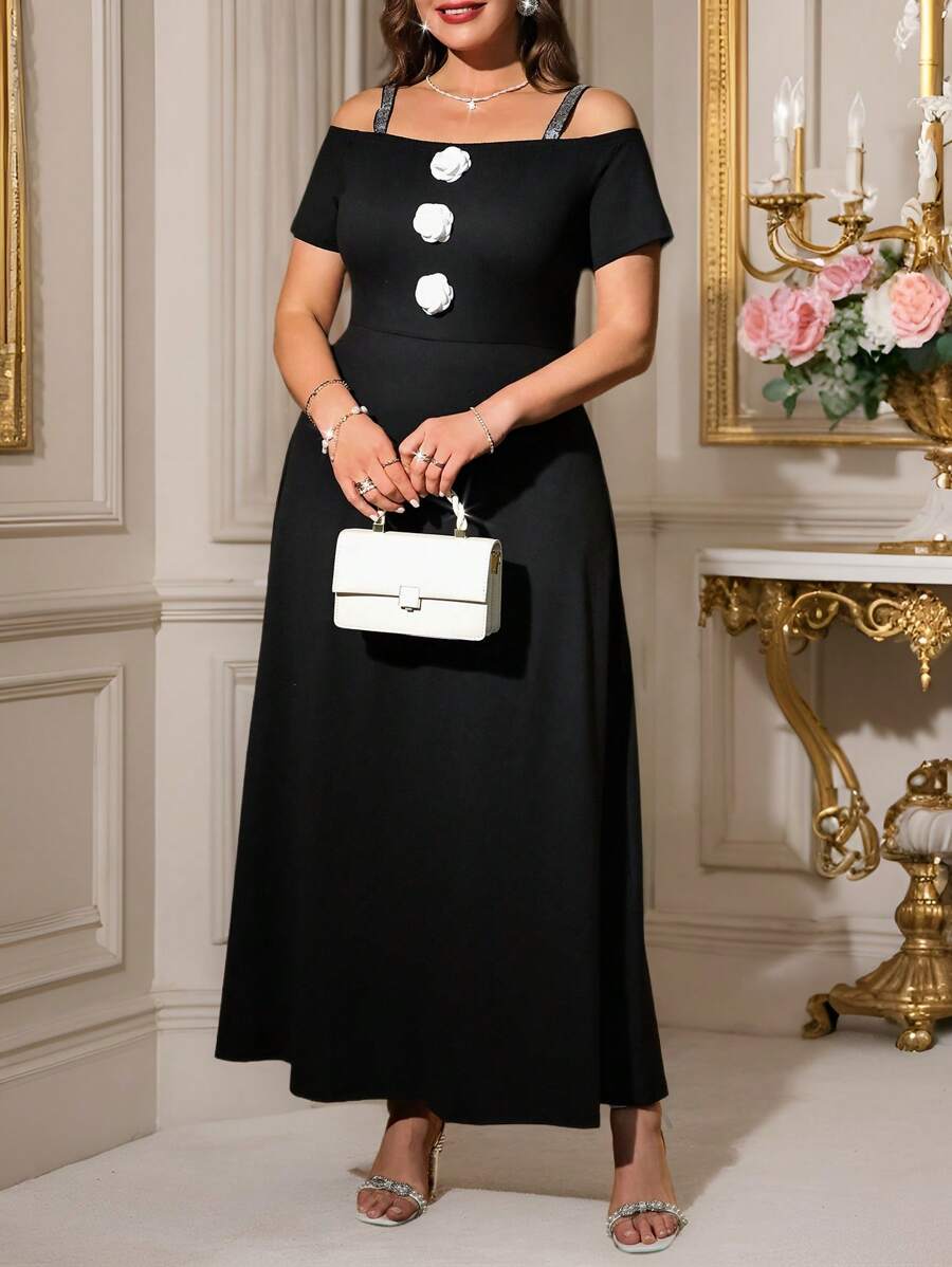 SHEIN Clasi Plus Size Women 3D Flower Decor Tube Top Dress - Black - View 1