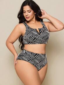 SHEIN Swim Curve 大码 2 件套斑马纹面料 V 形棕褐色休闲女士比基尼套装，夏季海滩度假 - 黑與白 - 查看 4