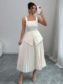 Elenzga 女士优雅方领褶皱腰开衩下摆连衣裙，优雅适合度假、日常穿着或婚礼季节 - 黃色 - 查看 1