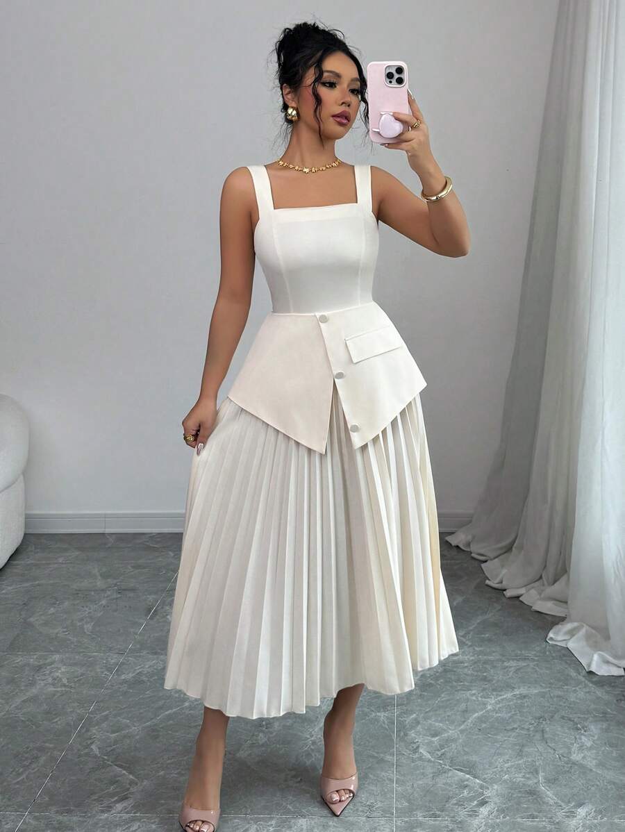 Elenzga 女士优雅方领褶皱腰开衩下摆连衣裙，优雅适合度假、日常穿着或婚礼季节 - 黃色 - 查看 1