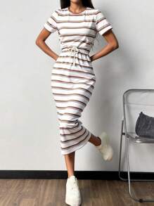 Calvaya Striped Tie Front Midi Casual Dress For Women, Minimalist Style