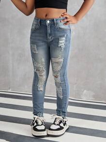 SHEIN Tween Girl' New Distressed Stretchy Skinny Jeans