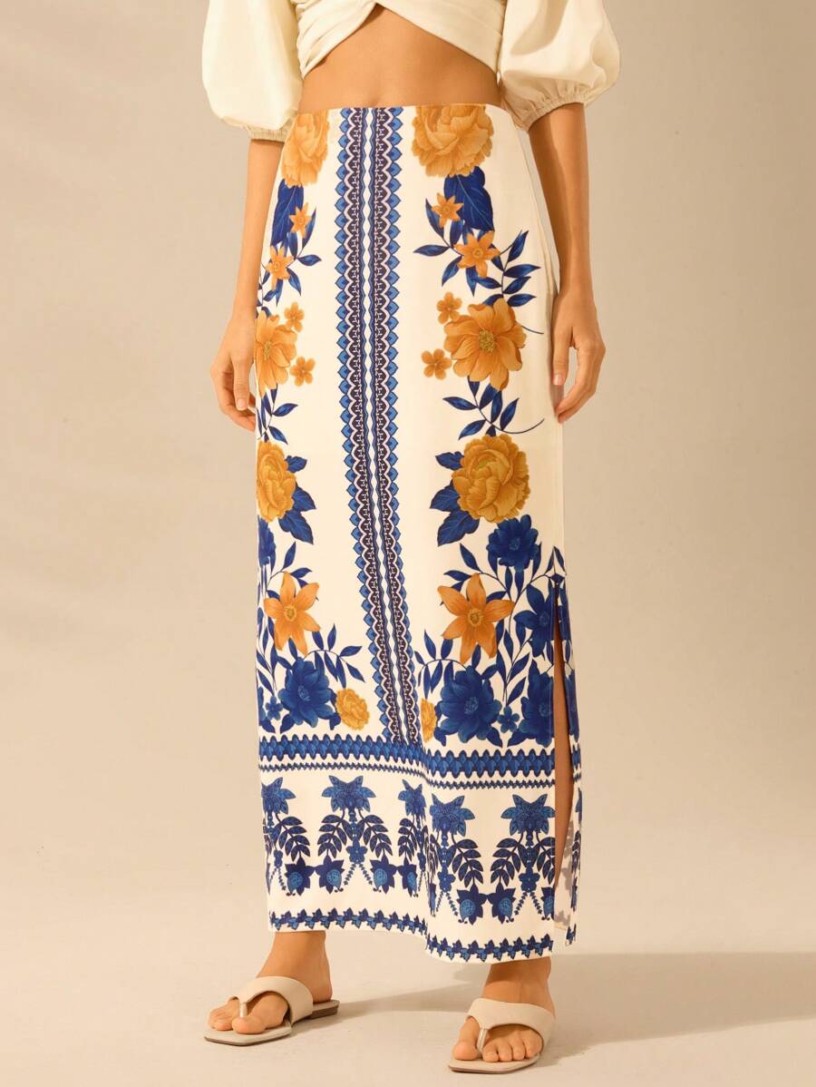CAJUNI 女士复古波西米亚风花卉印花双开衩半身裙，黄色和蓝色 - 彩色 - 查看 1