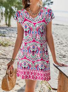 EMERY ROSE Women V-Neck Short Sleeve Printed Casual Mini Dress