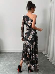 Modelyn Women's Elegant Floral All-Over Print Asymmetric Neck Long Sleeve Dress - Multicolor - View 2