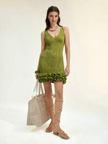 SHEIN LUNE Spring/Summer Women Stylish Hollow-Out Ruffled Mini Dress, Fresh Green Color - Green - View 8