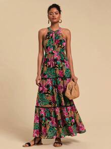 Travachic 女士热带花卉印花荷叶边下摆露背连衣裙，适合海滩度假 - 黑色 - 查看 5