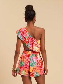 Travachic 2pcs Women's Tropical Print Asymmetric Shoulder Top And Shorts Set - Hot Pink - View 2