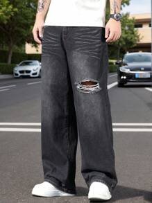 Manfinity Homme Men's Straight Loose Distressed Pocket Jeans - Black - View 4