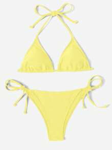 SHEIN Swim Simple Solid Color Bikini Set For Beach & Holiday For Summer Beach Vacation - Yellow - View 3