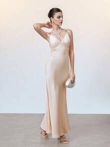 SHEIN LUNE Women's French Style Lace Faux Silk Blend Diamond Strap Sexy Fitted Deep V-Neck Maxi Fishtail Dress, Suitable For Party Spring/Summer - Champagne - View 6
