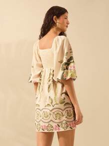 CAJUNI Vestido Curto Casual de Verão Praia Férias, Manga Lanterna, Estampa Tropical Azalea, Coqueiro, Monstera, Estilo Boho para Mulheres