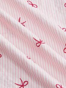 ROMWE Kawaii Sweetheart Plus Size Striped Bowknot Full Print Comfortable Woven Bubble Crepe Plus Size Home Clothes Pajama Set - Multicolor - View 5