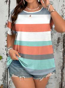 EMERY ROSE Casual Simple Striped Pattern Loose Round Neck Short Sleeve Plus Size T-Shirt Suitable For Summer,Concert Women Country Spring For Women Summer For Women Boho Women Summer T Shirts Women Top - Multicolor - View 5