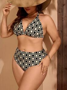 Swim Chiccia Plus Size 2pcs Women Plaid Print Fashion Halter Top & High Waist Sexy Bikini Swimwear Set, For Summer Beach Vacation - Multicolor - View 4