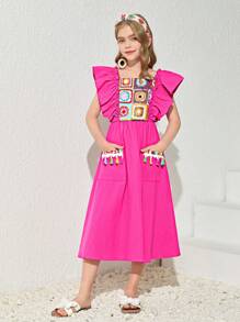 SHEIN Leap Crew Tween Girl Floral Print Ruffle Trim Pocket Patched Dress - Hot Pink - View 4