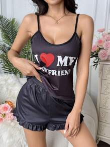Women's Sexy Cami Pajama Top With "I Love My Boyfriend" English Print
