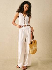 Poéselle Bộ đồ hai mảnh thêu ren màu trơn đơn giản cho kỳ nghỉ của phụ nữ Bộ đồ hai mảnh màu trắng Bộ đồ thêu Áo ren ngắn Bộ đồ nữ Quần ống rộng Váy cưới cho phụ nữ Trang phục tiệc trà Áo ba lỗ cho phụ nữ Quần rộng thùng thình và áo sơ mi dễ thương Trang phục hòa nhạc đồng quê - trắng - Xem 1