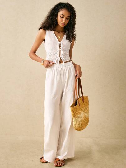 Poéselle Women's White Summer Boho Vacation Holiday Two Piece Set,Hollow Out Embroidery Lace Up Tank Top And Wide Leg Baggy Pants,Casual Country Concert Outfit