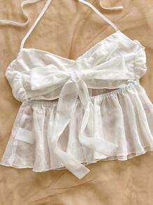 Soleia Women's Fashion Wall-Mounted Tops Chiffon Cut Flower Fabric Minimalist Sexy Vacation Back Tie Bow Summer Beach Wear Leisure Romantic, Spring