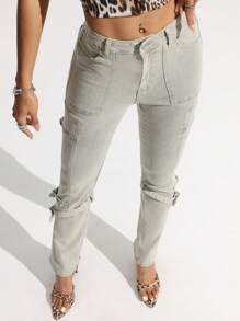 SHEIN EZwear 女士水洗做旧修身牛仔裤 - 綠色 - 查看 4