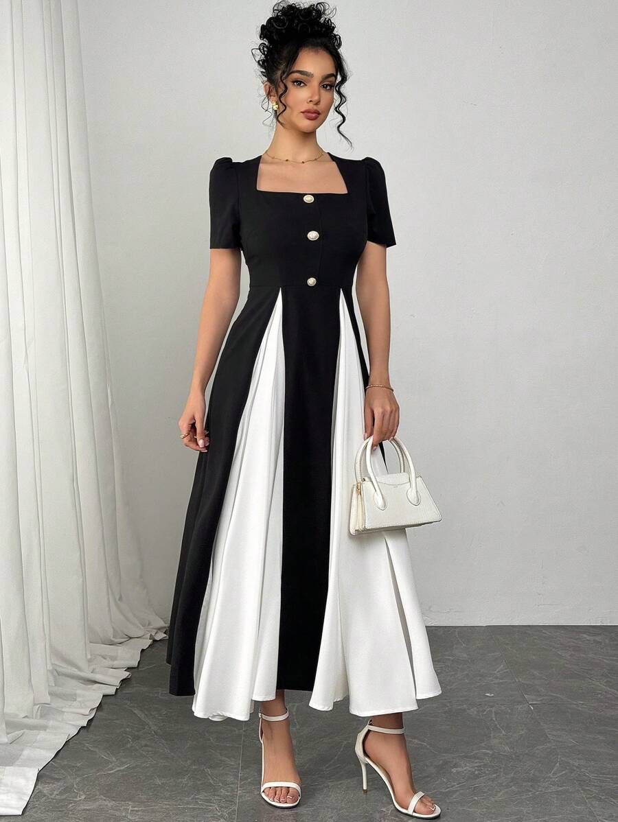 Modelyn Square Neck Flare Dress, Contrast Black & White Design, Flattering Silhouette - Black and White - View 1