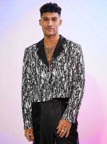 FeverCity Men's Short Digital Print Long Sleeve Blazer Jacket, For Fall Winter - Black - View 2