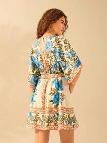 CAJUNI 女式波西米亚风热带蓝色花卉、可爱花园印花宽松休闲 V 领短袖沙滩裙，适合夏季 - 彩色 - 查看 3